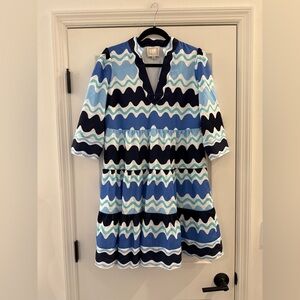 Sail to Sable STS Long Sleeve Blue Wavy Pattern Tunic Dress Medium